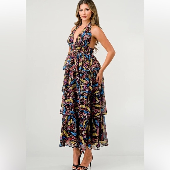 MEET ME IN SANTORINI FLORAL HALTER TIERED RUFFLE FOREST FAIRY MAXI DRESS SIZE XS - Picture 3 of 15